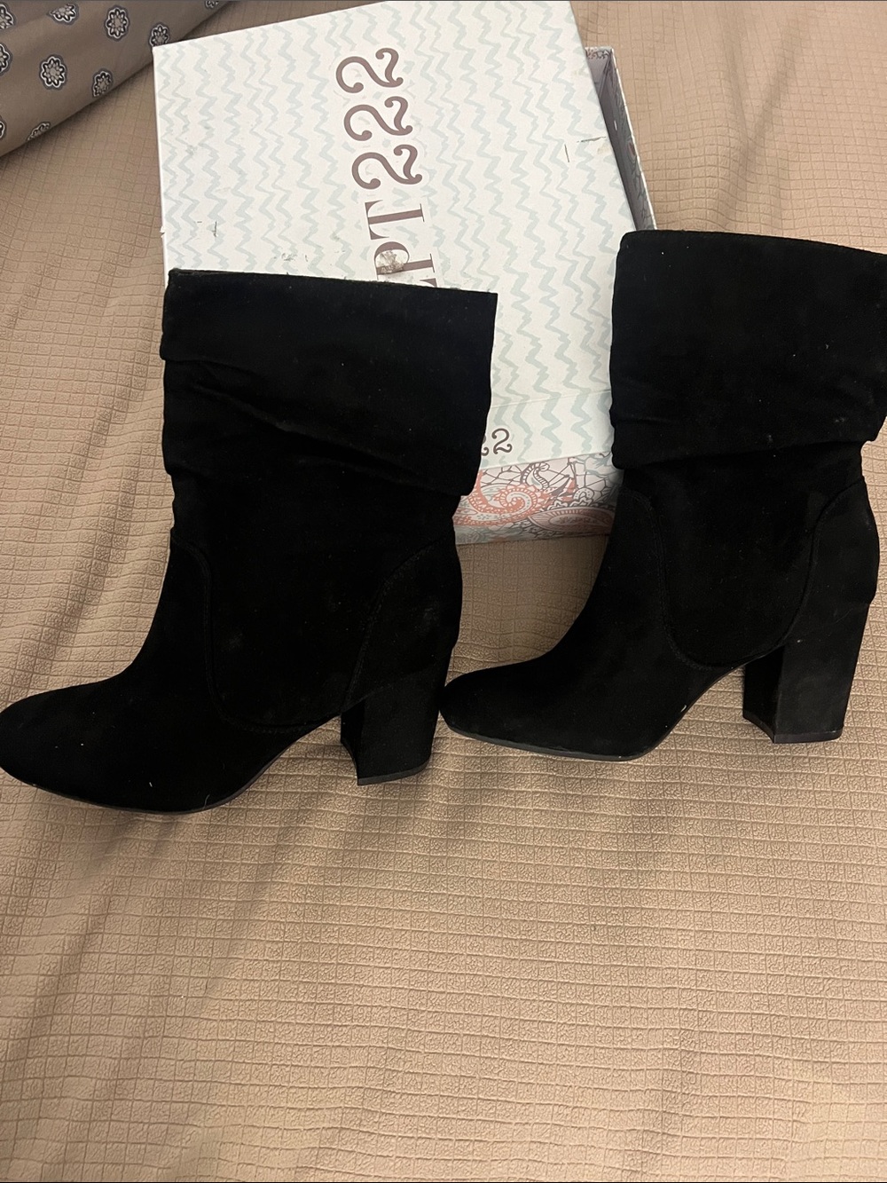 Women’s Black Suede Fold-Over Block Heel Boots